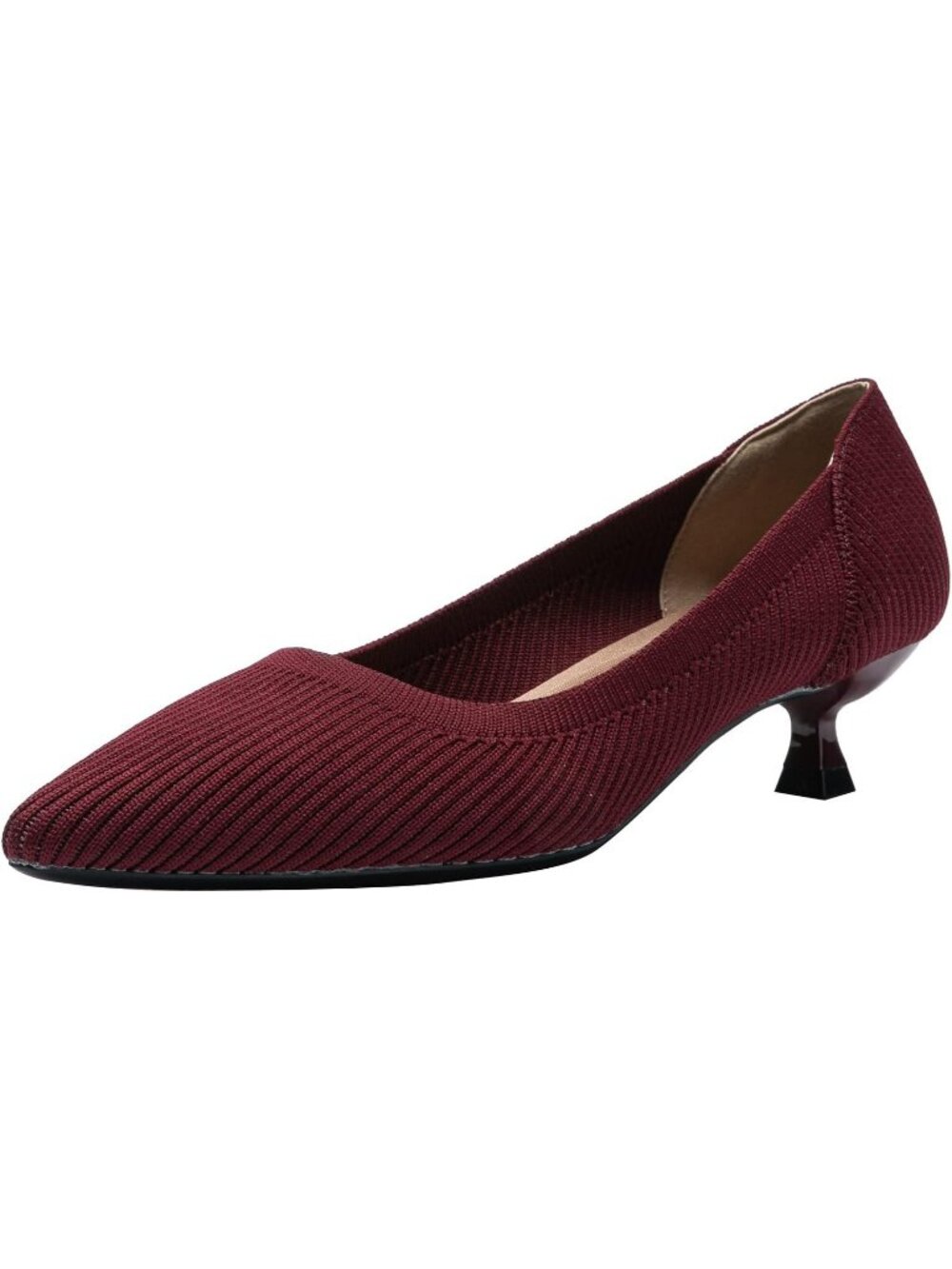 Women's Wine Red Pointed Toe Knit Slip On Comfortable Kitten Heels Pumps Shoes